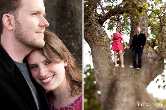 Engagement Session, Couple in Field with Giant Oak Tree