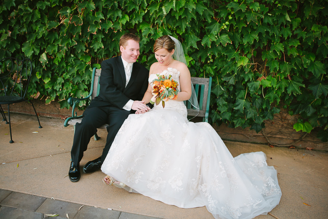 Bride and groom sitting together in front of an ivy colored wall at Viansa Winery in Sonoma County