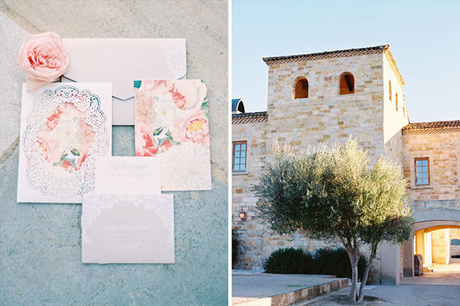 Pink wedding invitation suite and exterior photo of Sunstone Villa